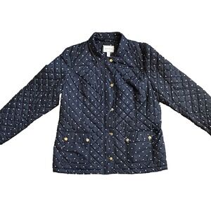 Charter Club Womens Quilted Jacket XL Navy & Polka Dot Full Snap and Zip‎ Preppy